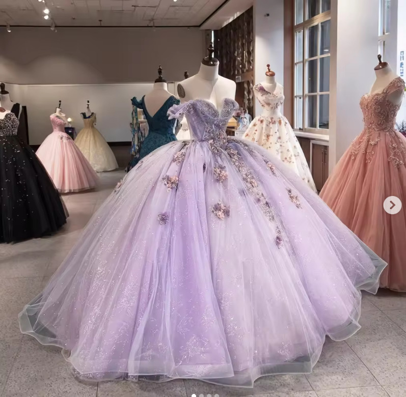 Lavender Off Shoulder Floral Sparkly Tulle Quinceanera Ball Gown Sweet 16 Dress