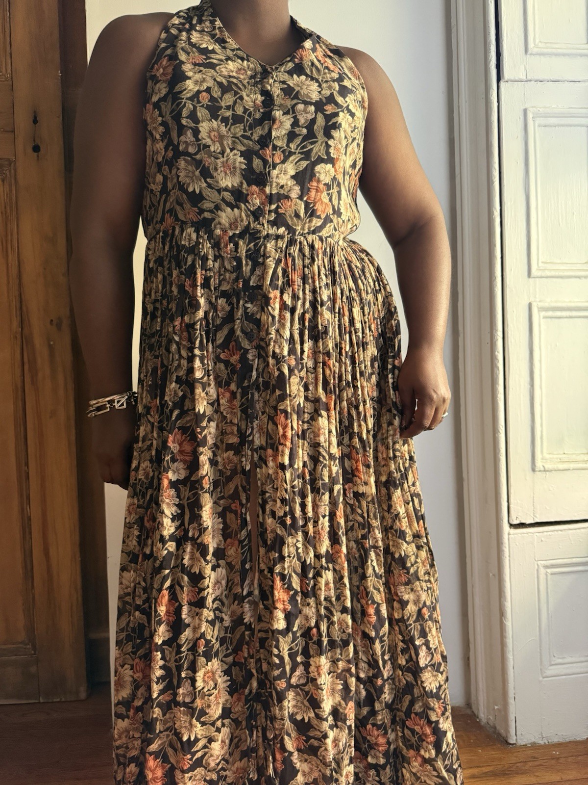 S. Roberts 90s Floral V-Neck Button Front Maxi Dress 100% Cotton Pleated M