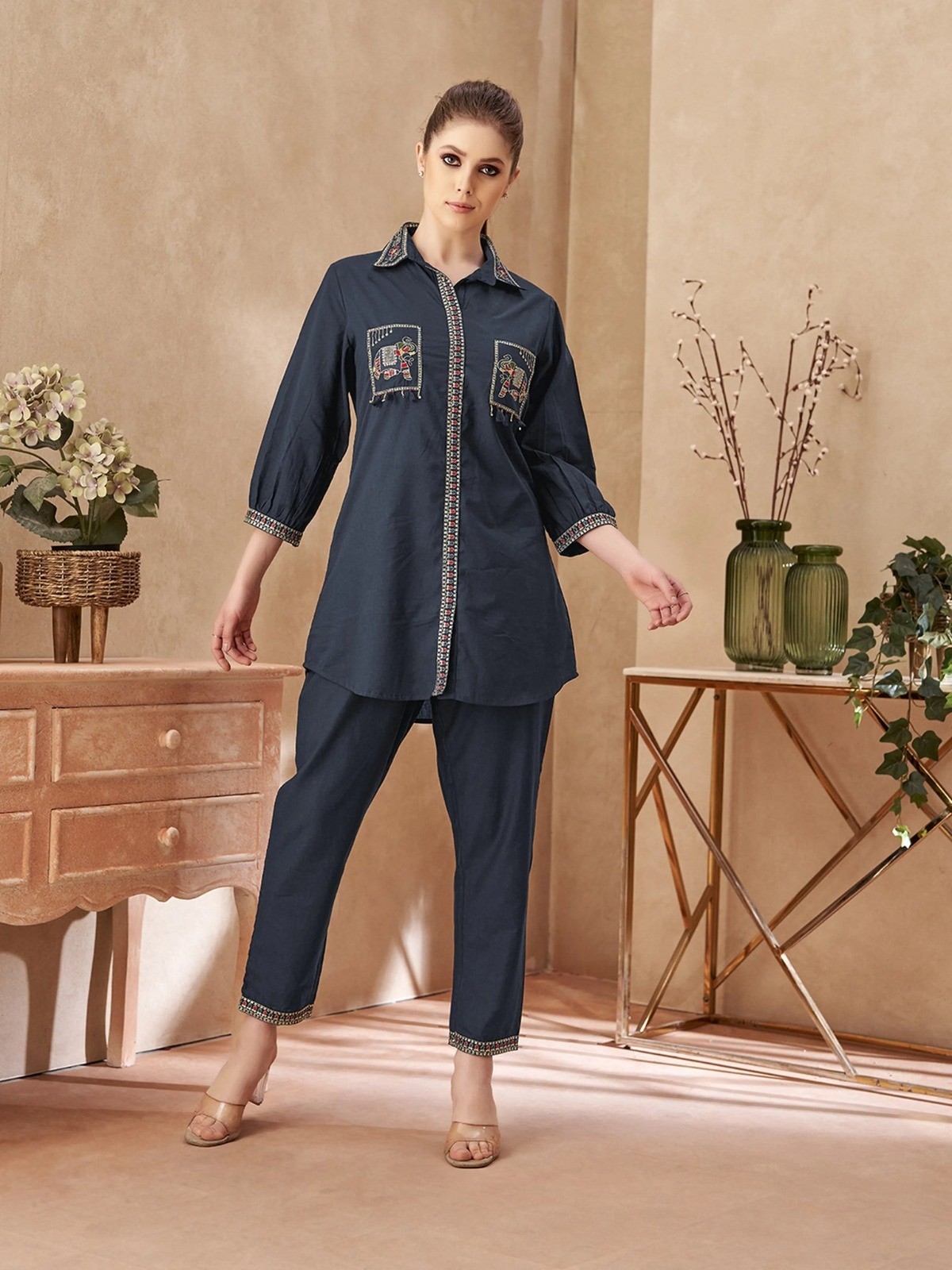 Women Navy Blue Cotton Flex Co-Ord Set Embroidered Top Pant Set