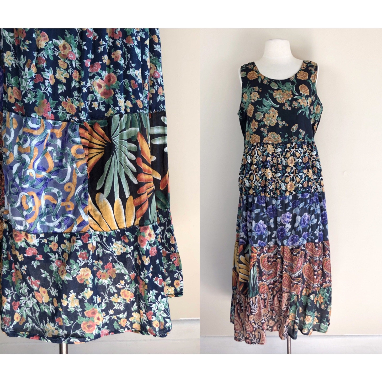 vintage india cotton gauze patchwork black floral dress 90s sheer cottagecore