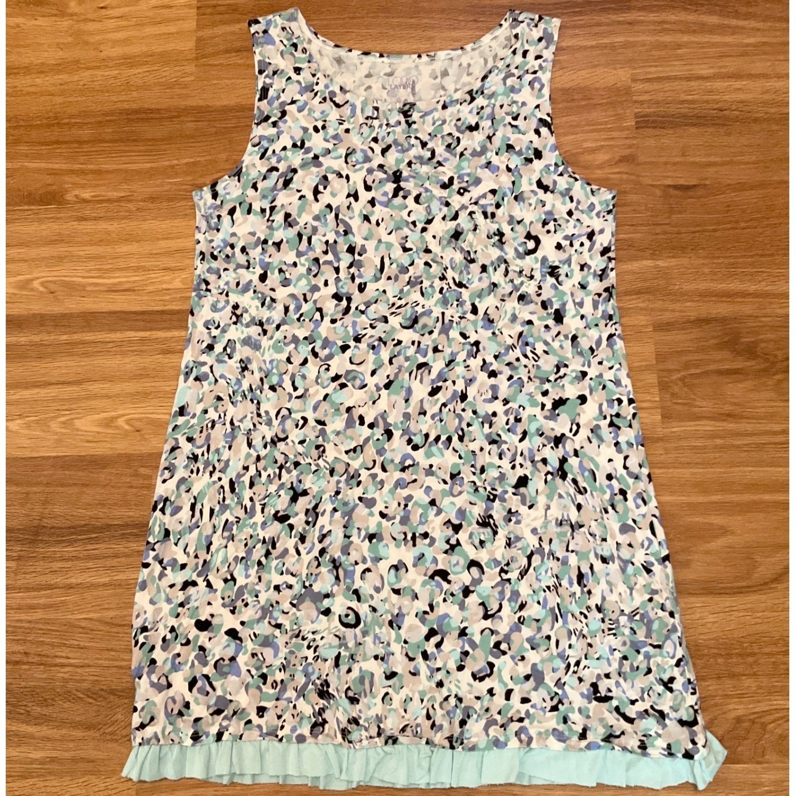 Womens Logo Layers Sleeveless Shift Dress Blue Mint Abstract Print Ruffle Hem L