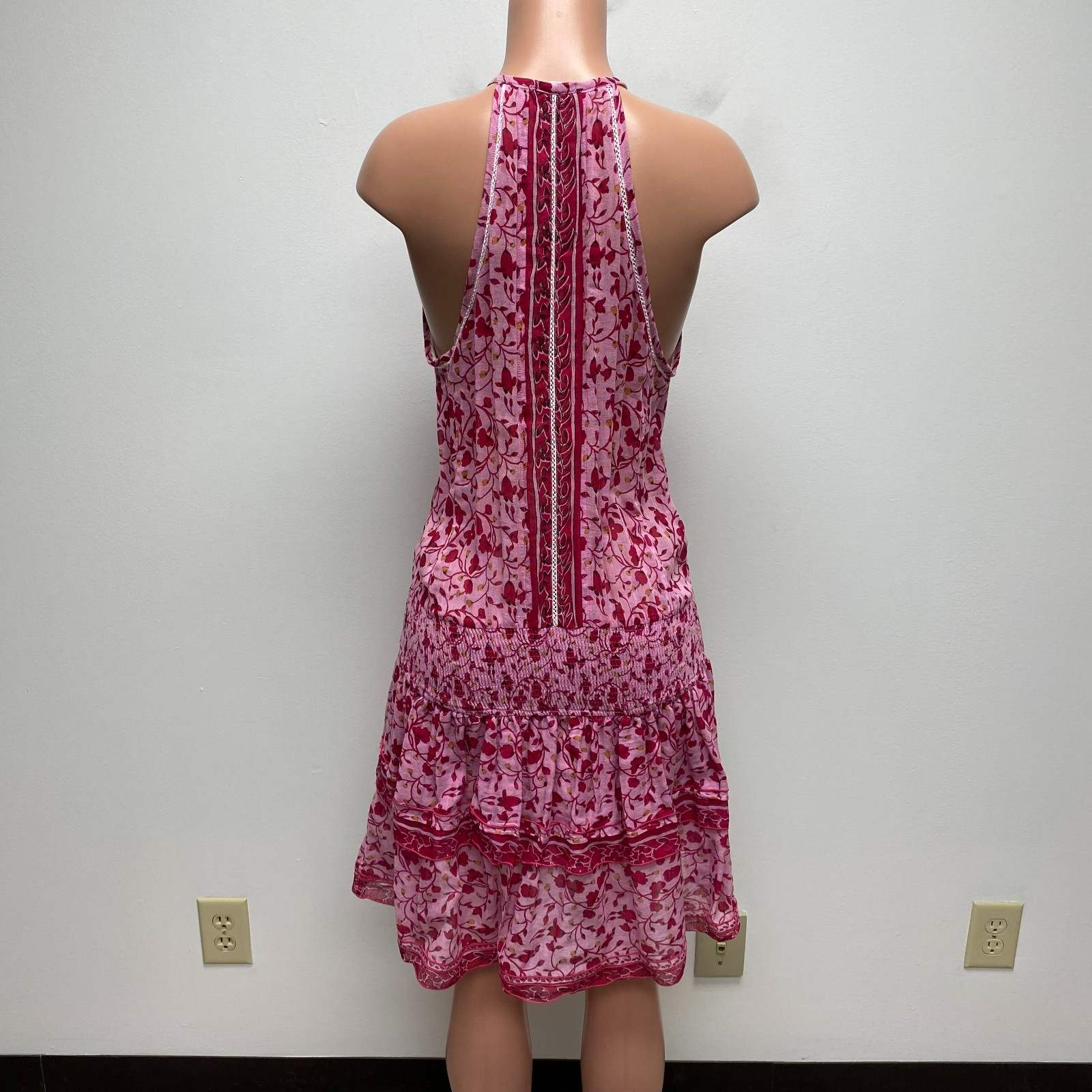Poupette St Barth Womens Pink Floral Halter Sleeveless Smocked Ruffled Dress L