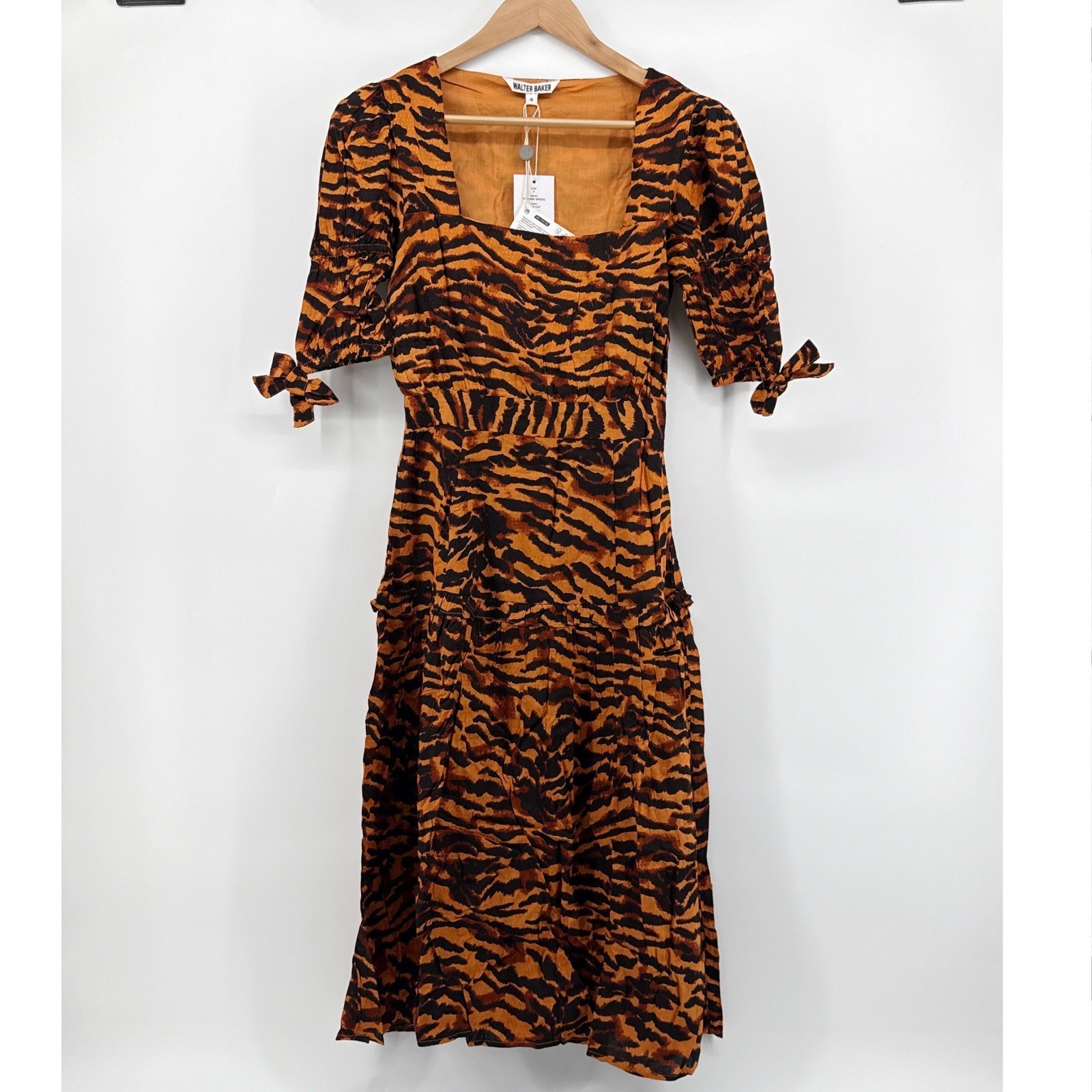 NWT Walter Baker Yosline Dress Wild Cat Tiger Print Square Neck Orange Black 4