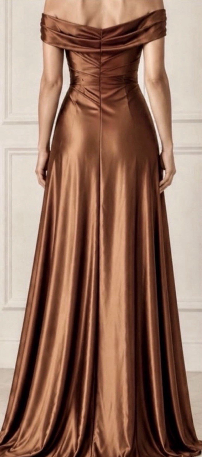 Copper Satin Off Shoulder Ruched Draped Long Formal Gown Side Slit Women’s M