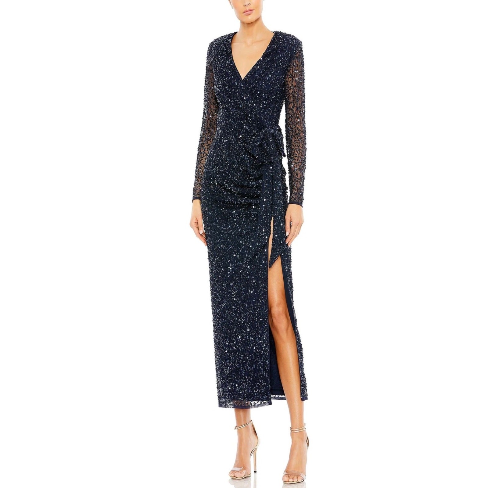 Mac Duggal 10558 Navy Blue Evening Gown Sequined Long Sleeve Column Dress Size 6