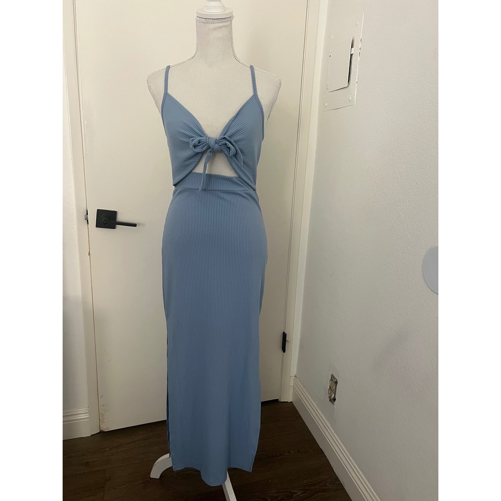 LYANER Light Blue Ribbed Tie Front Cutout Maxi Dress Small Side Slit Bodycon