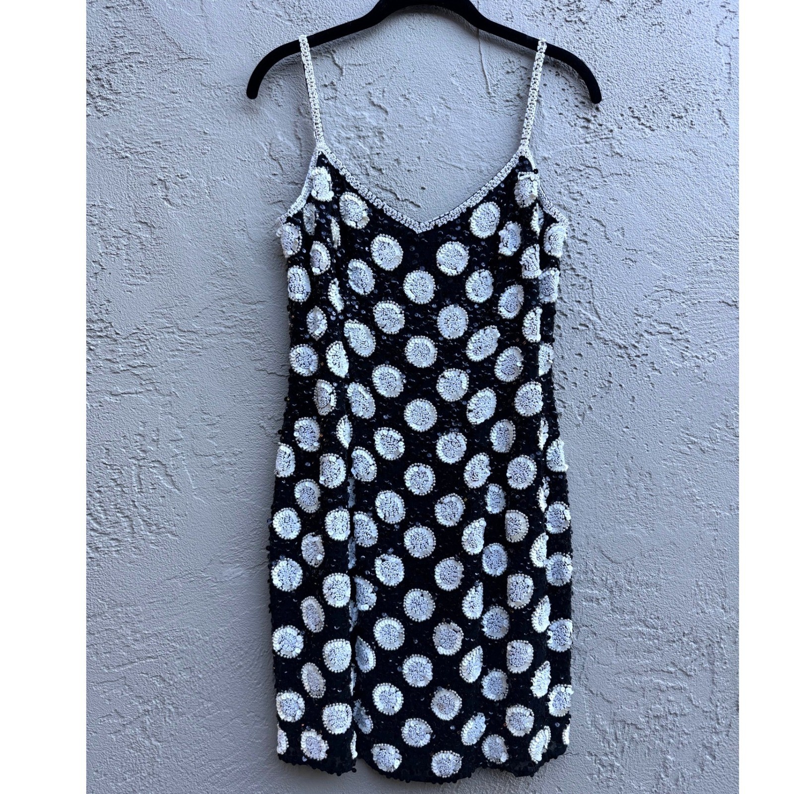 Vintage Oleg Cassini Black White Sequin Polka Dot Mini Dress SZ 8 Formal Party