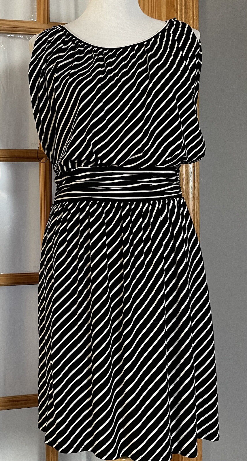 Y2K 90s Express Striped Mini Dress Sz M Black White Ruched Modern Classic