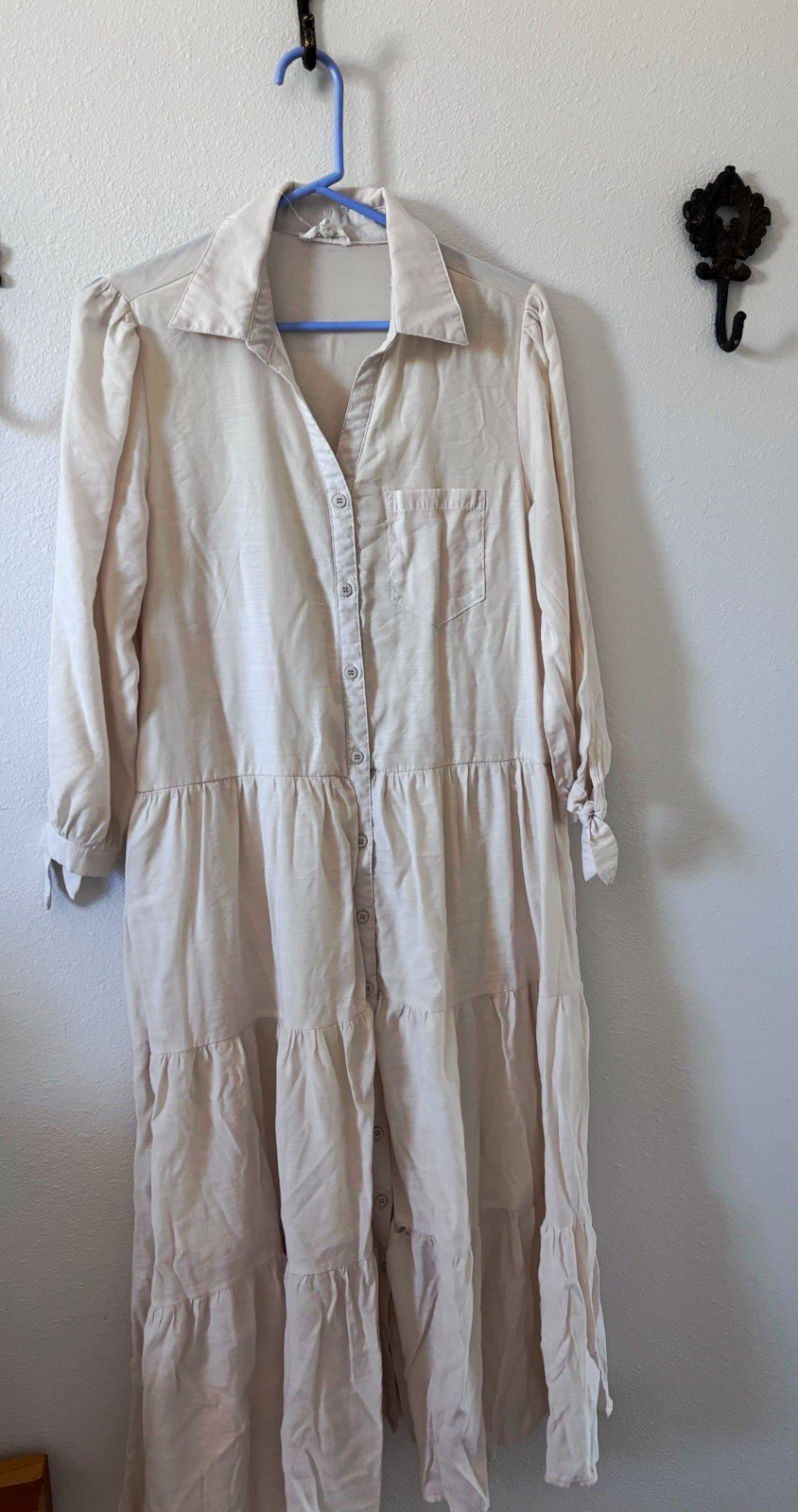 &merci White Midi Shirt Dress L Collared Button Front Tiered Woven Pockets