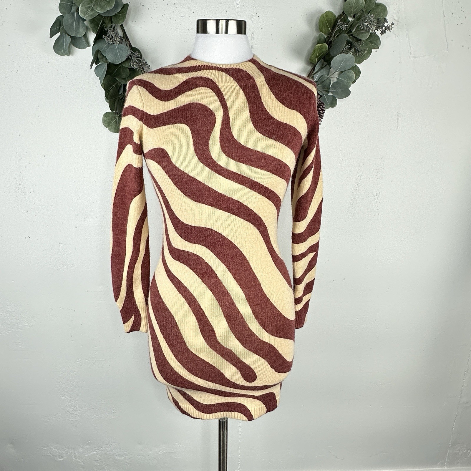 NWOT ZARA Womens Dress XS S Wool Blend Zebra Print Jacquard Knit 4369/102 Brown
