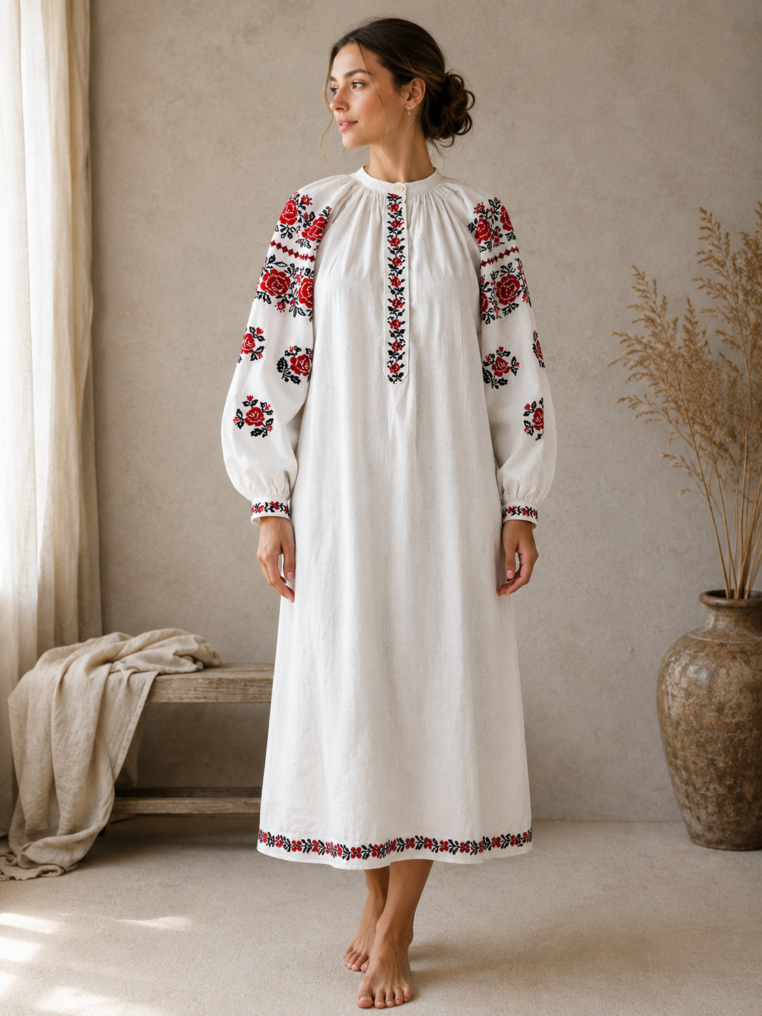 Vintage Ukrainian Embroidered Linen Vyshyvanka Dress Handmade Folk Shirt