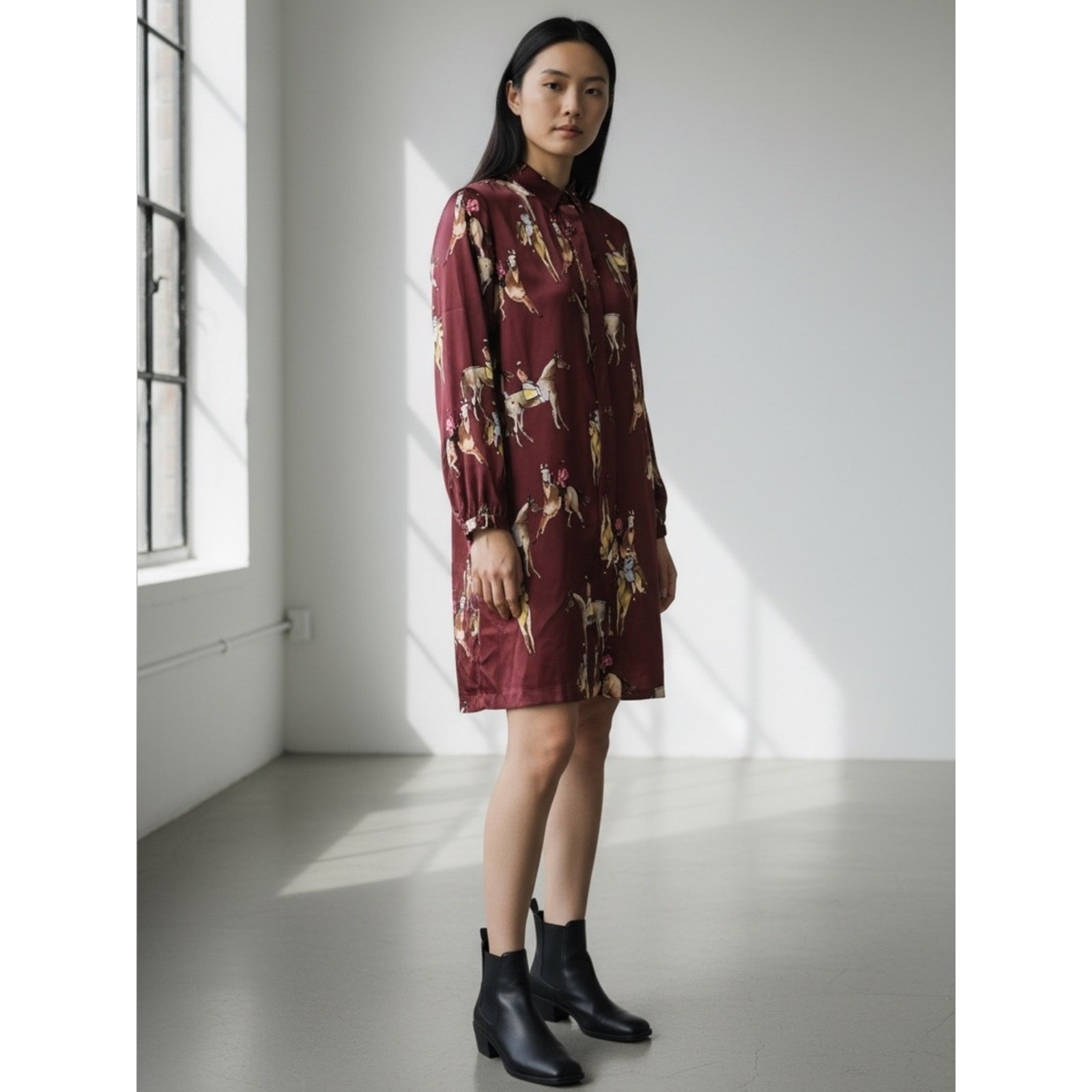 Shirtaporter Women’s Sz 10 Equestrian Silk Mini Dress Brown Horse Print Satin