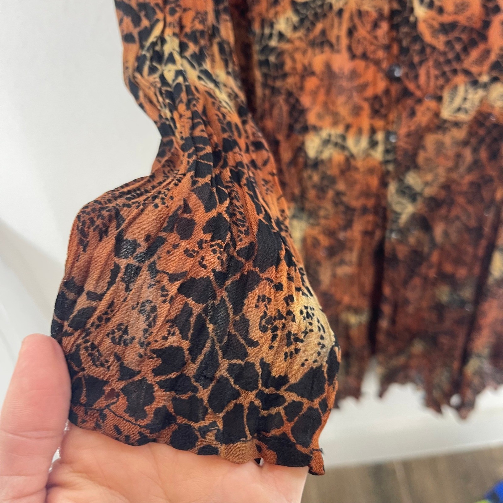 Boho Crinkle Duster Dress Womens L Brown Sequin Sheer Button Front 90s Festival