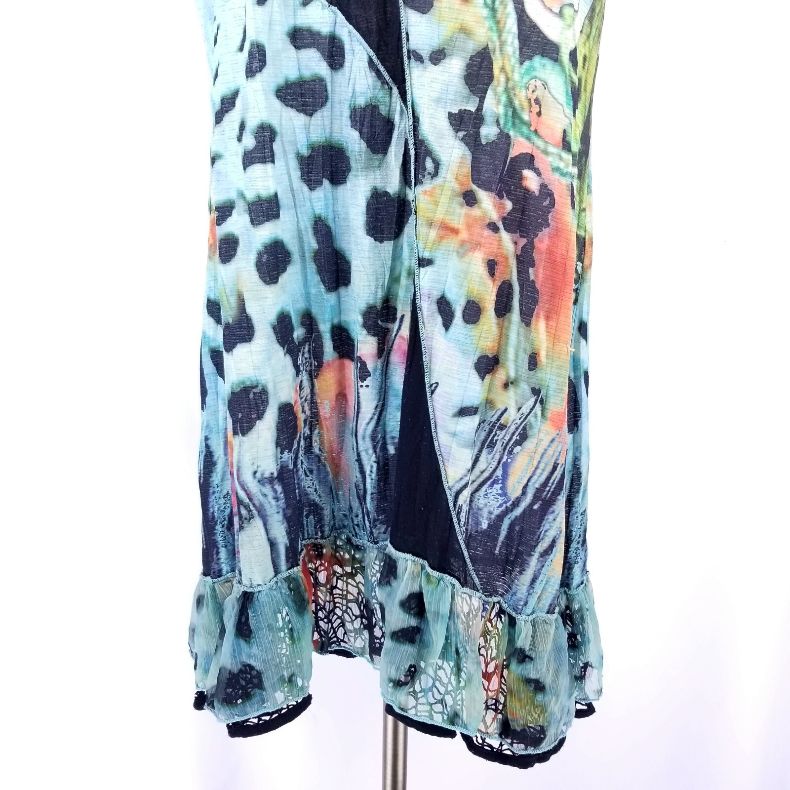 FLEUR DE LIS Tunic Dress Size M Blue Animal Print Mesh Accent Ruffle Hem