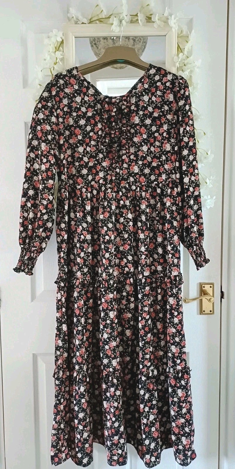 Pretty Boho ruffle floaty Roses Print 🌹 Floral Maxi Dress 👗S M 10 12