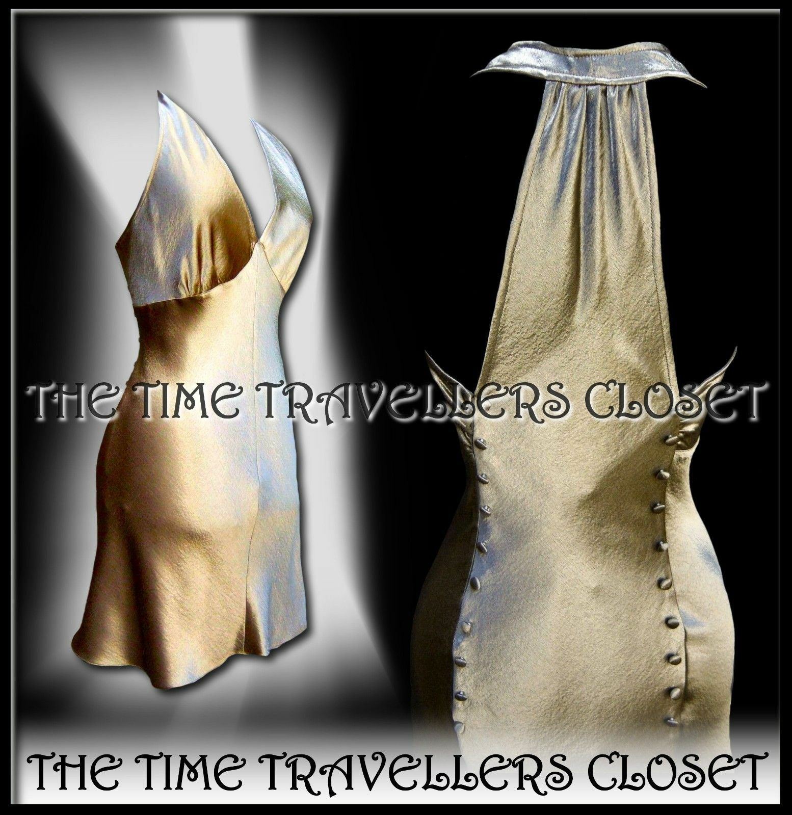 KATE MOSS TOPSHOP SILVER GOLD SATIN BIAS MINI DRESS 30s OLD HOLLYWOOD UK 10 38 6