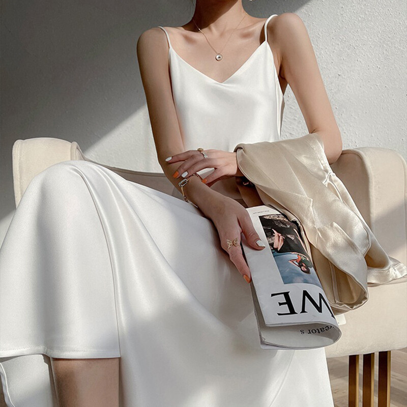Lady Silk Satin Slip Dress Spaghetti Strap V Neck Sleeveless Lingerie Long Dress