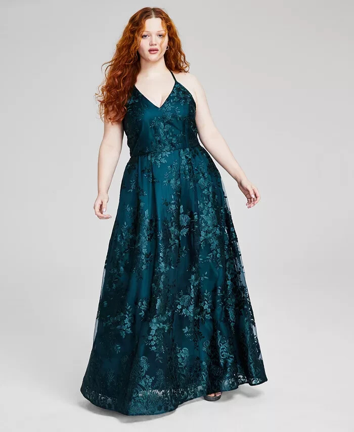 BCX Trendy Plus Size Strappy Embroidered Sleeveless Prom Gown Emerald Green 16W