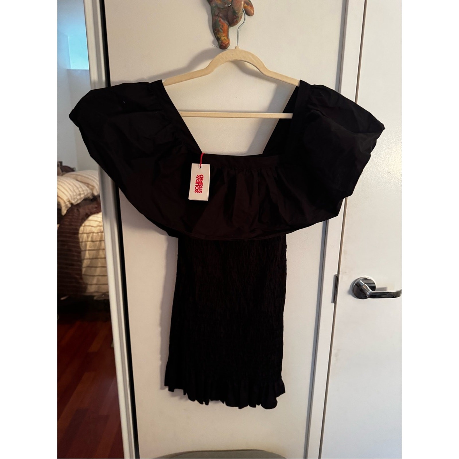 SOLID & STRIPED Smocked Ruffle Dress in Black Poplin NWT
