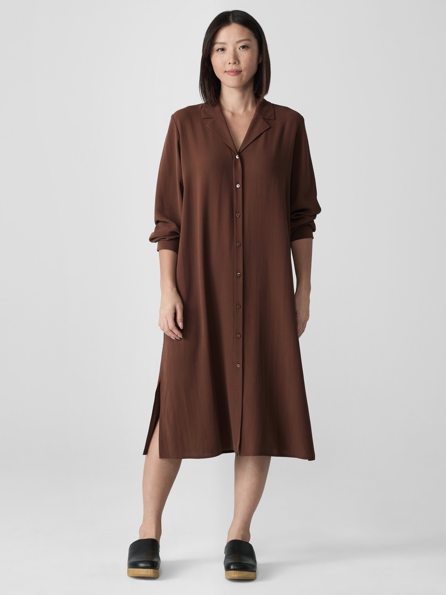 Eileen Fisher Women’s Clove Silk Georgette Crepe Notch Collar Shirtdress XXS