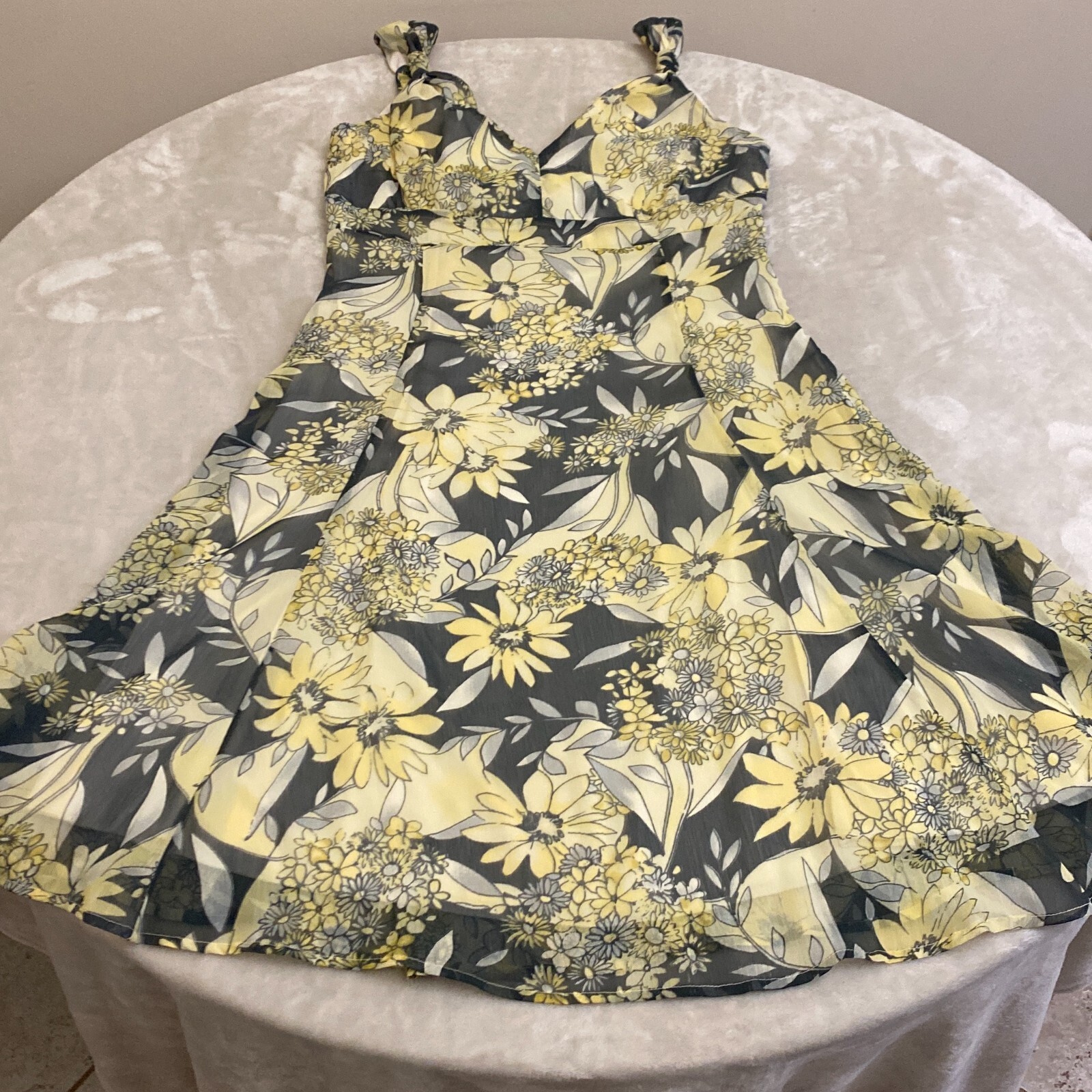 Touche Womens Yellow Grey Floral V Neck Sleeveless Fit & Flare Dress Size 8