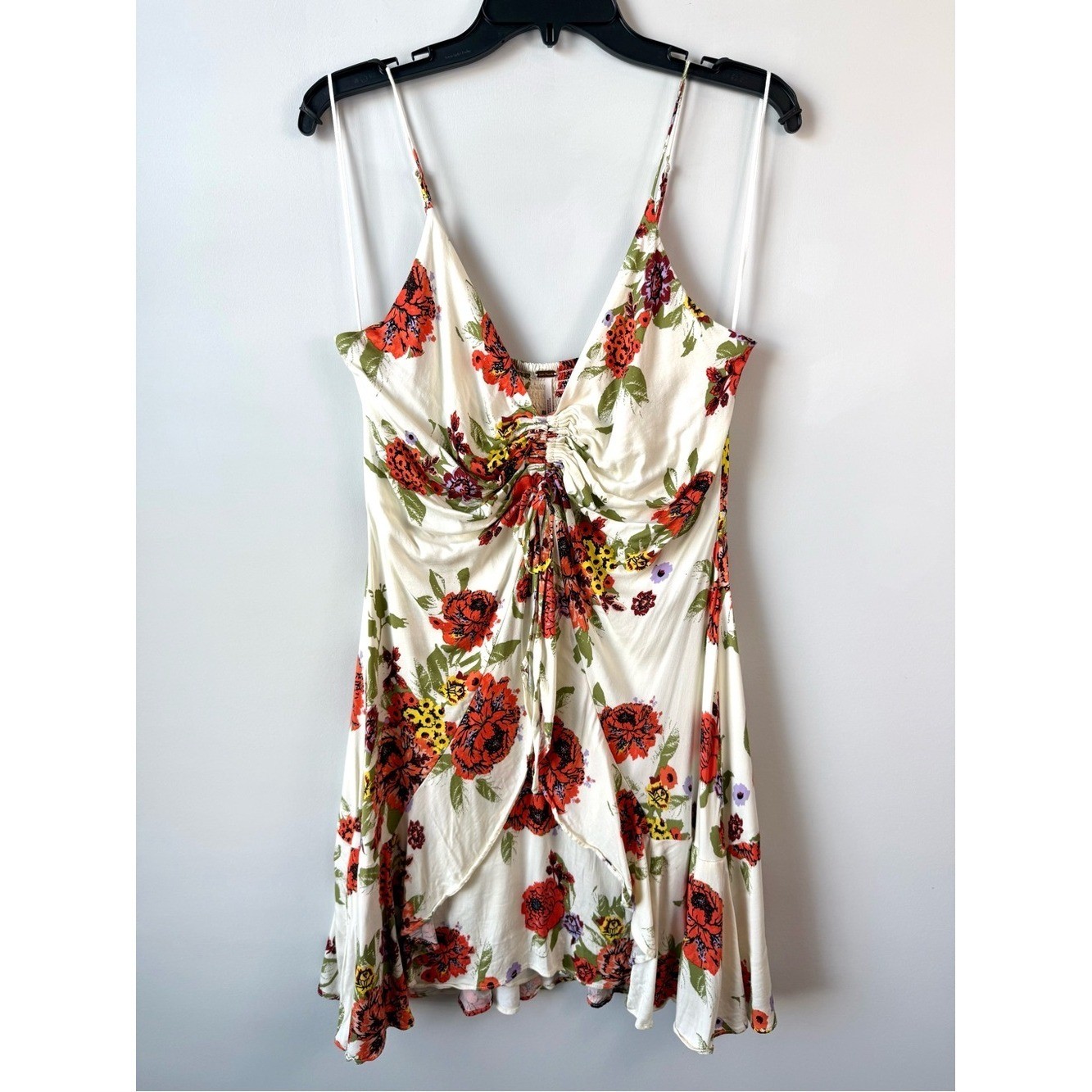 Free People Happy Heart Floral Ruched Mini Dress Ivory Combo L