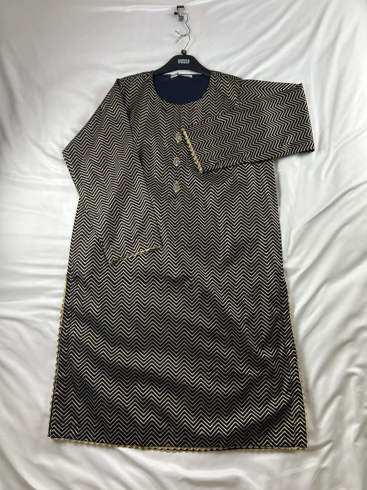 Khaadi Kurta / Kurti Women’s UK12 Navy Gold Chevron Print Long Sleeve