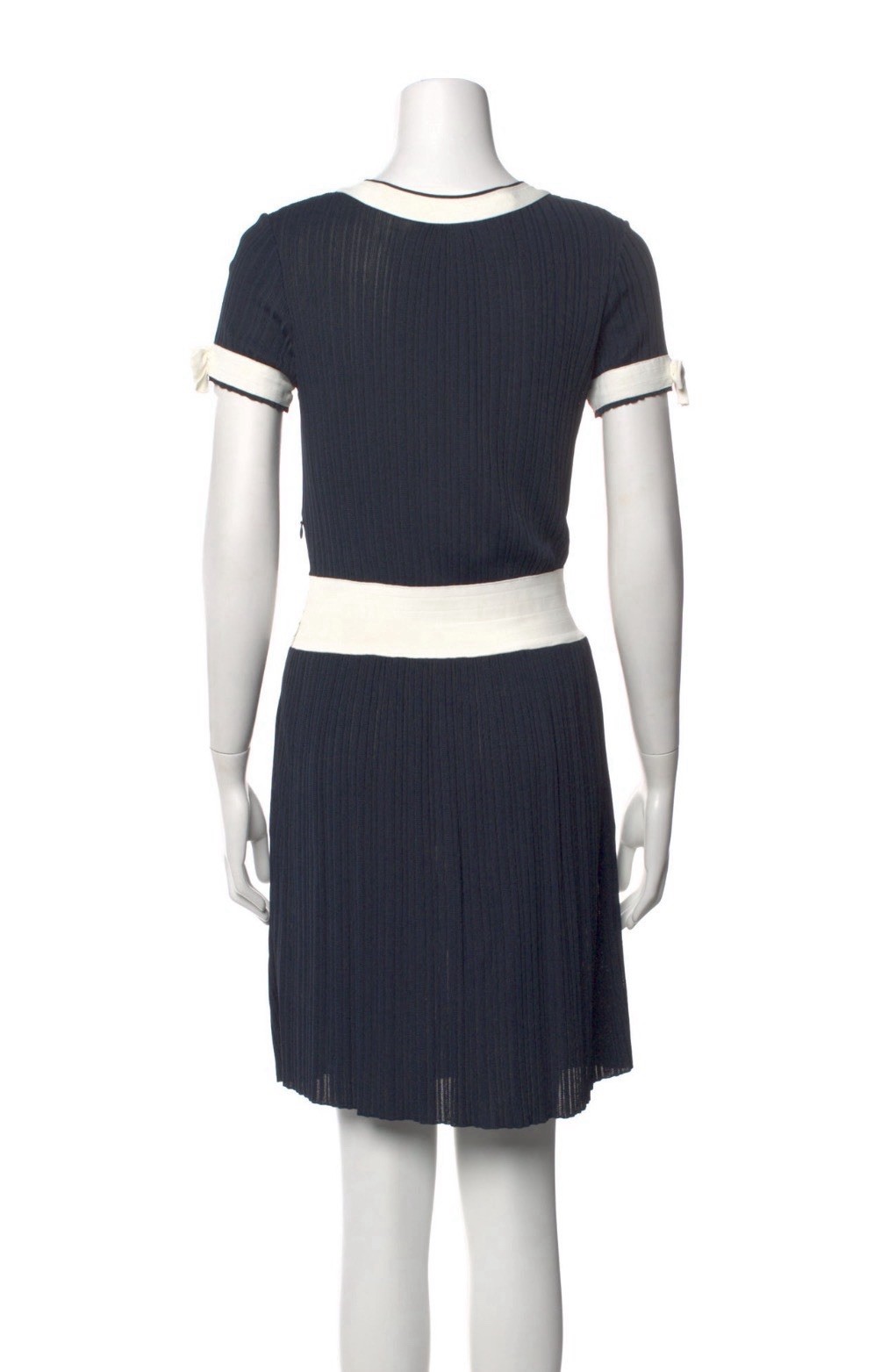 CHANEL Pre-spring 2014, 14P, Navy &White Bow Detailed Pleaded Dress, FR34, US0