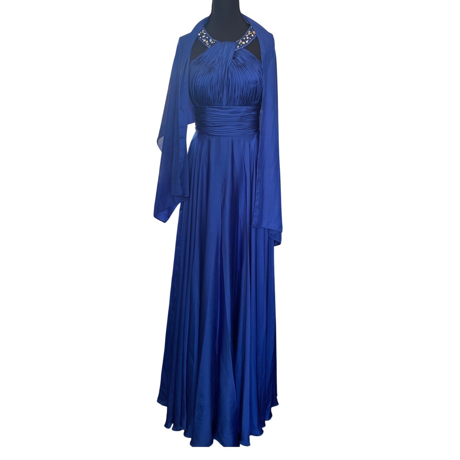 Dancing Queen Gown Womens S Blue Beaded Halter Ruched Maxi Ball Gown Dress