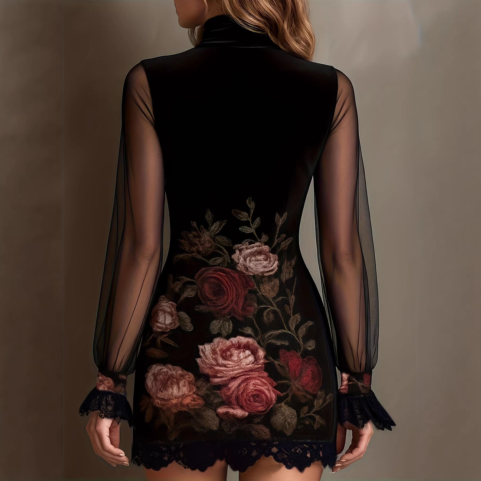 Sexy Lace Trim Patchwork Dress with Elegant Printed Tulle Design Fitted Mini Dre