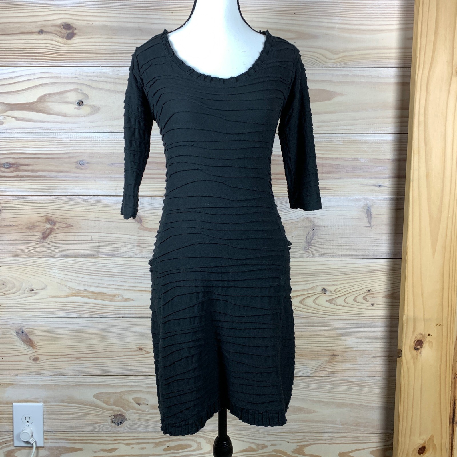 Jill McGowan Sheath Dress Small Black Cotton Layered Textured Ruffle Pocket USA