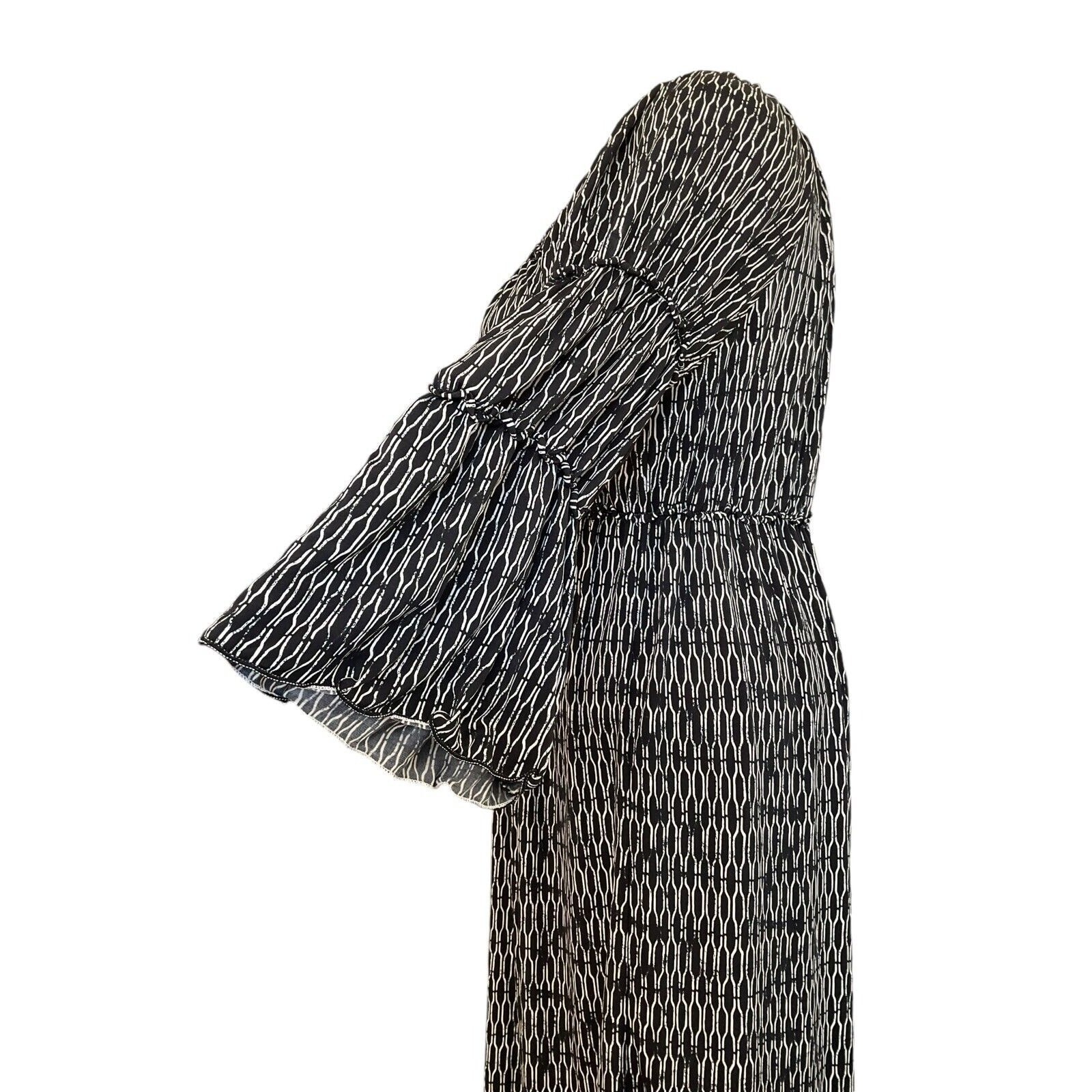 Max Edition Womens XL Black White Geometric Bell Sleeve Smocked Waist Midi Dress