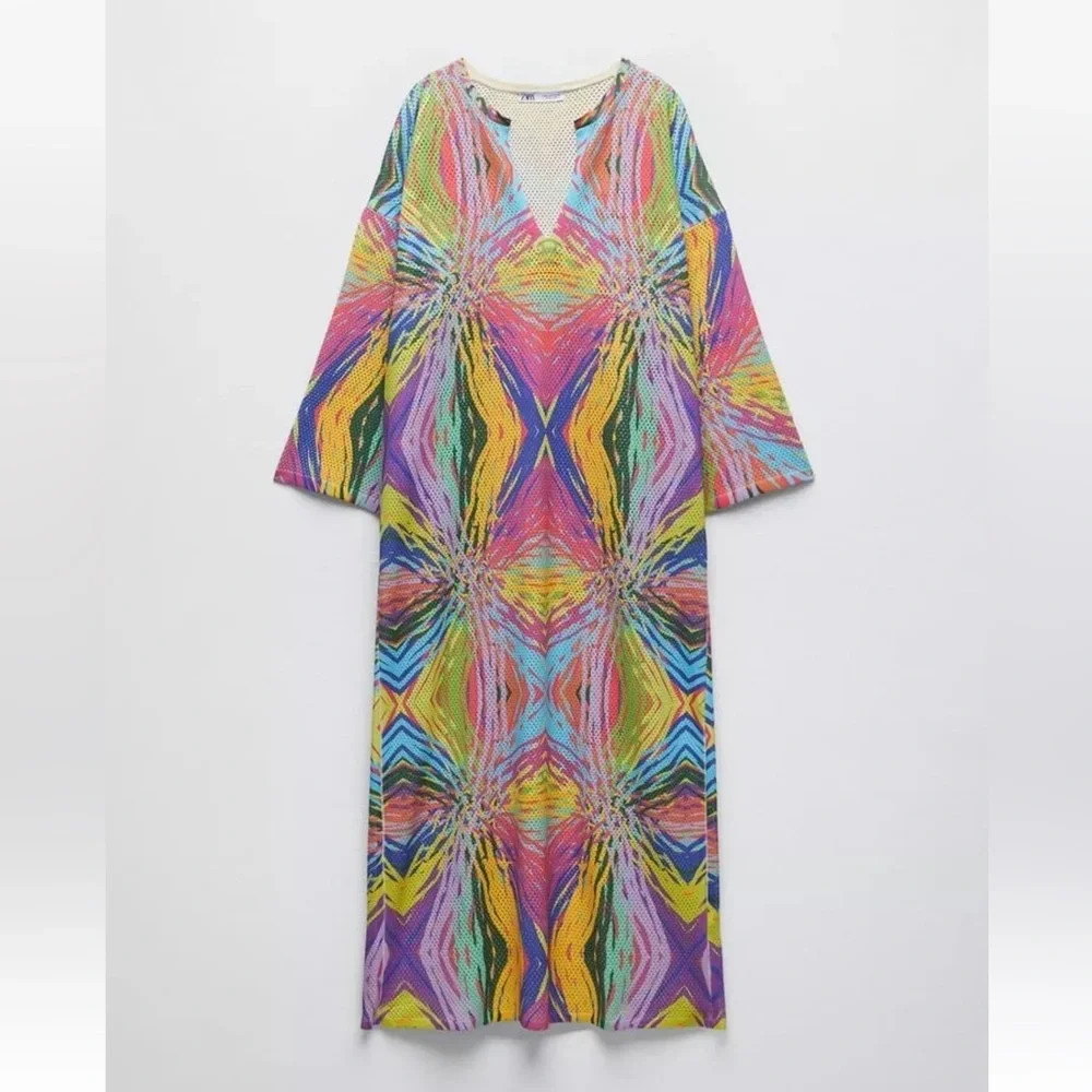 ZARA BEACH POOL COVER UP OPEN KNIT JACQUARD TUNIC MULTICOLORED M