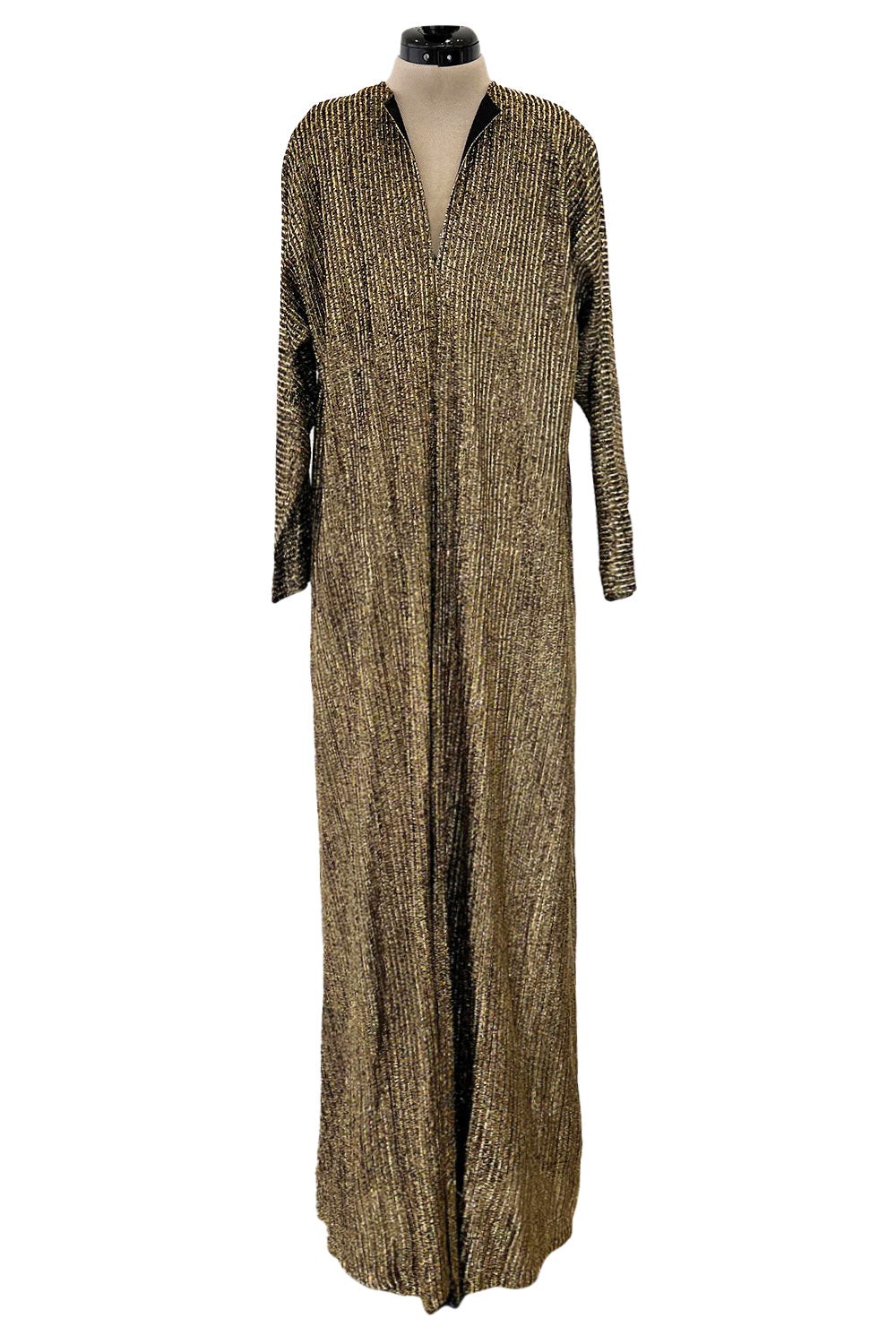 Halston IV 1980s Dorian Black Metallic Gold Lame Maxi Full Length Caftan Kaftan