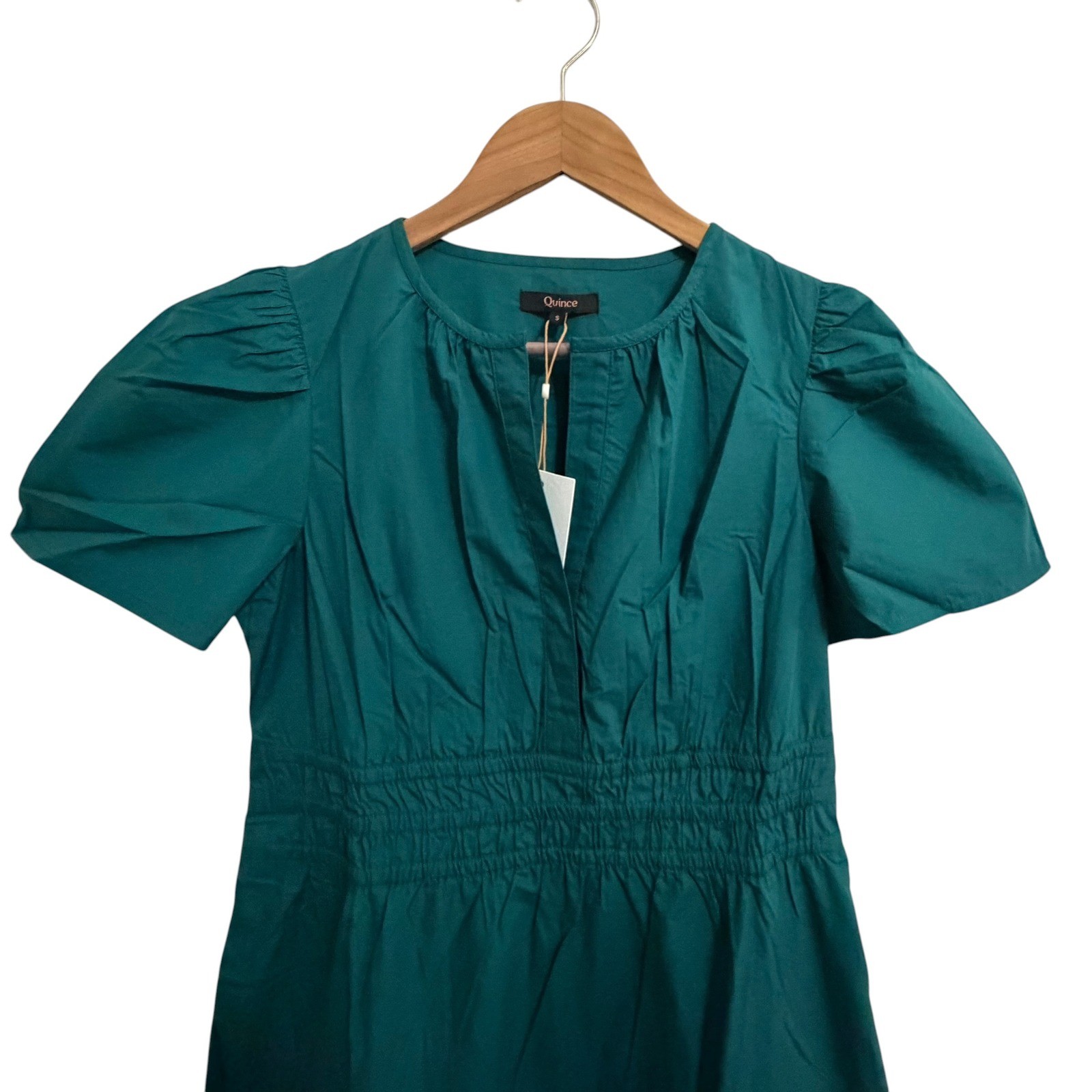 Quince Organic Cotton Poplin Smocked Maxi Dress Green Puff Sleeve Tiered Small