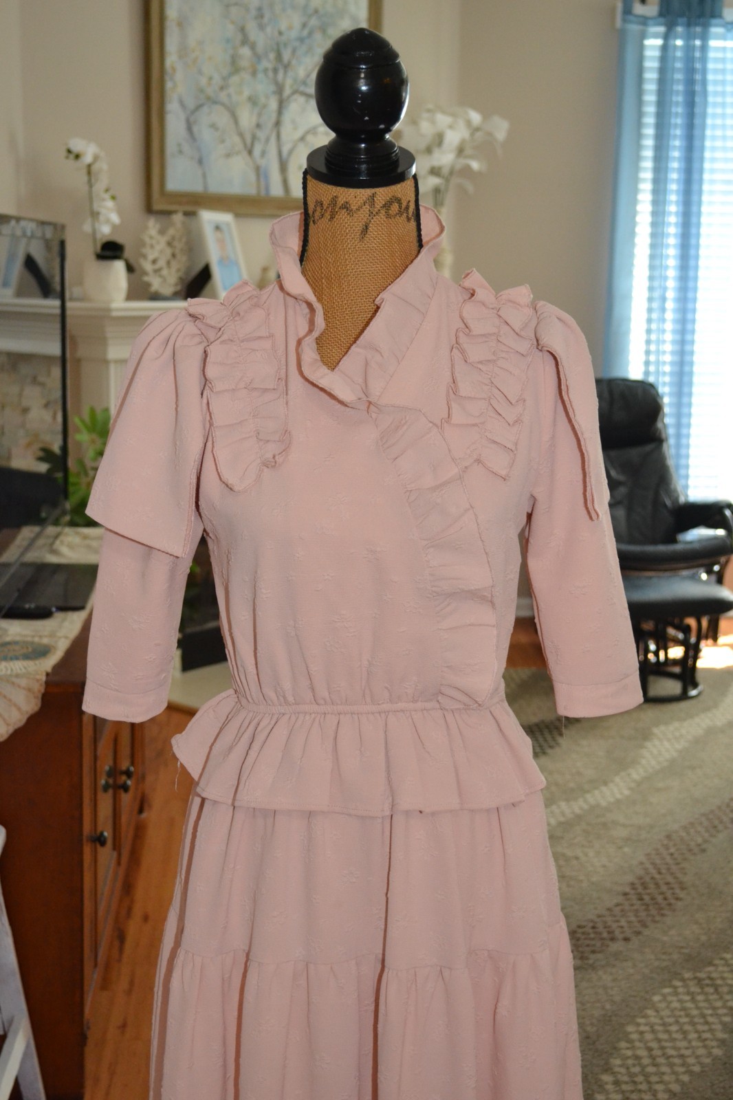 Ladida Powder Pink short sleeve Ruffle Embroidered Tiered Romantic Midi Dress S