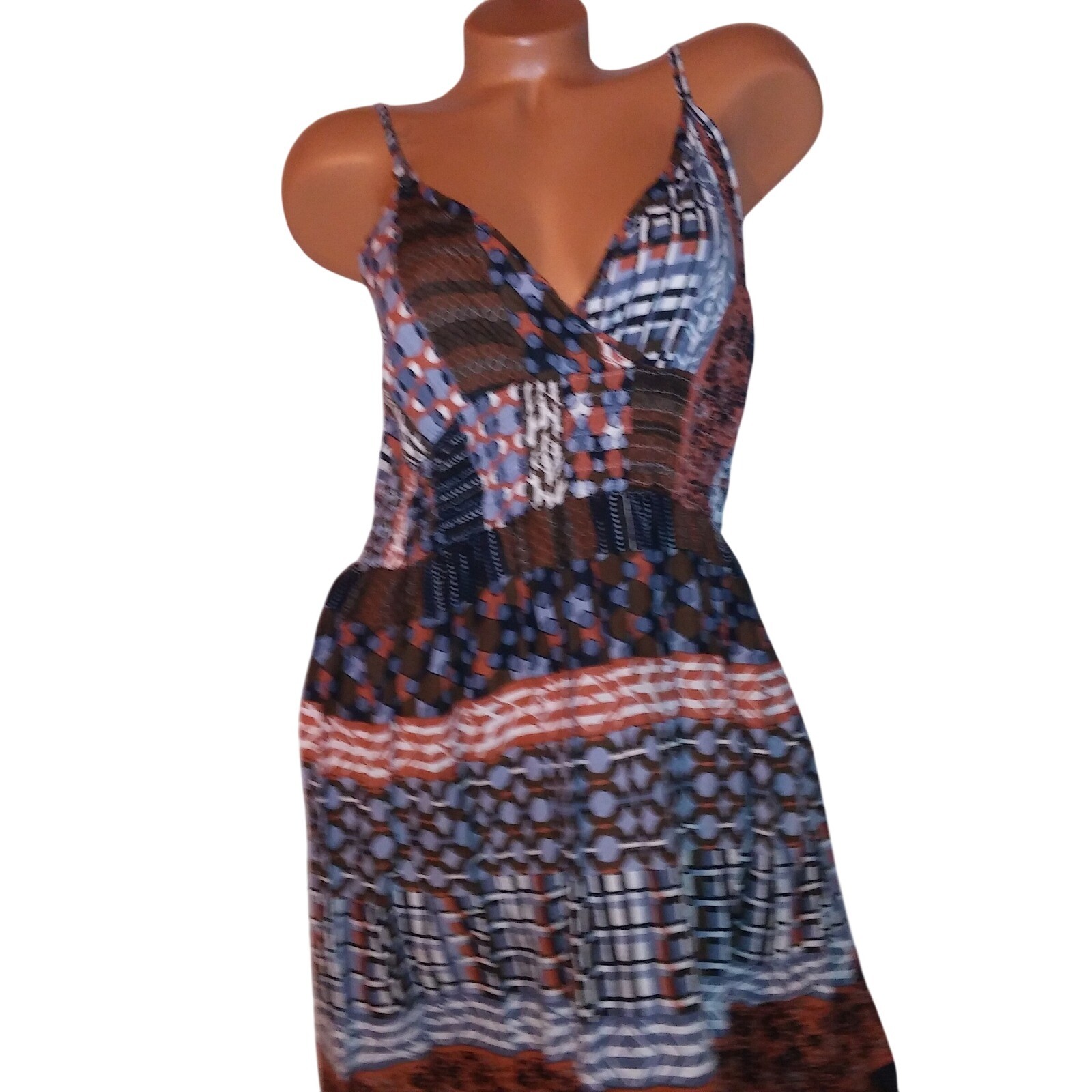 K Trixx Sun Dress Maxi Large Brown Blue White Smocked Sleeveless