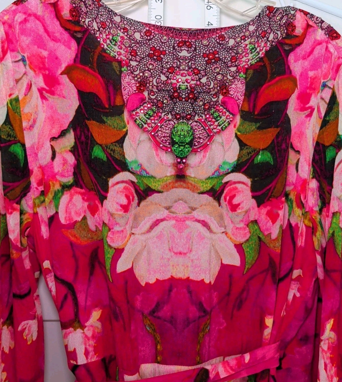 SHAHIDA PARIDES Rhinestone Beaded Wrap Maxi Dress Silk Sz M/L Floral Print Pink