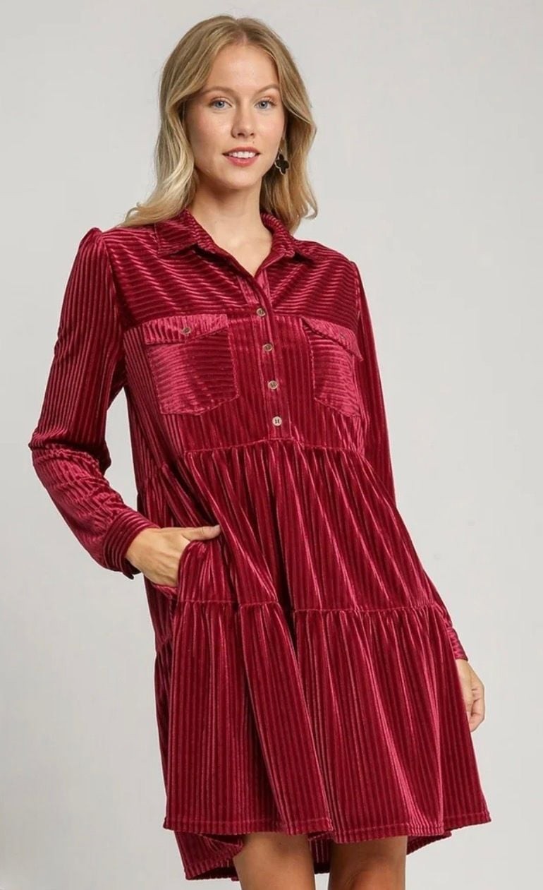 Umgee Women’s Berry Red Striped Velvet Button-Up Tiered Babydoll Dress