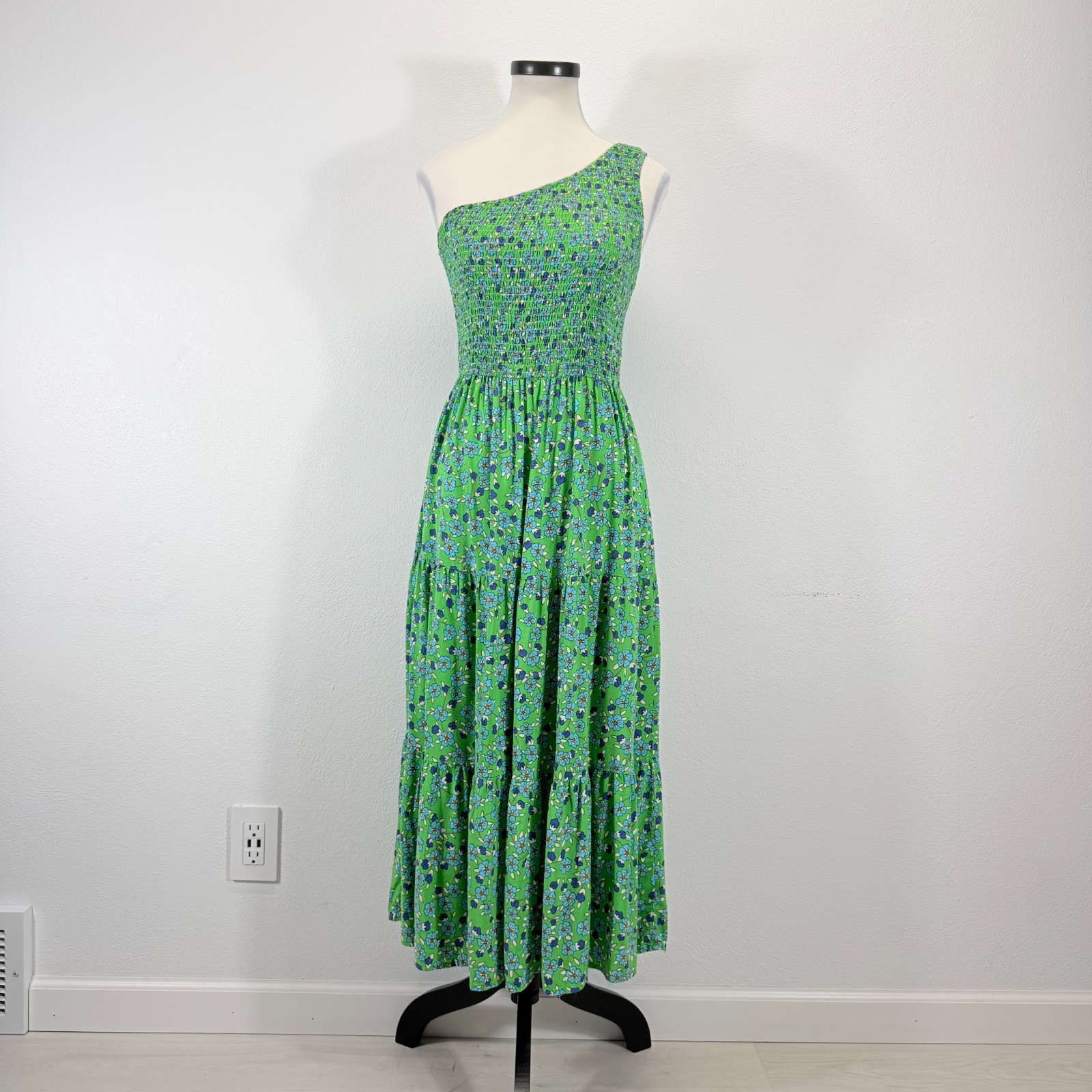 ZCSIA Smocked Floral One Shoulder Tiered Floral Green Midi Dress Size S