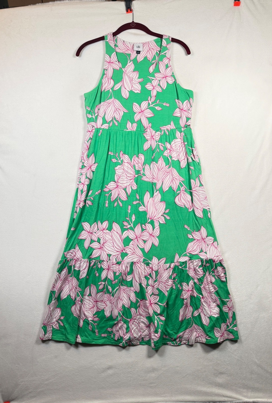 Cabi Weekend Dress 6217 Small Green Floral Sleeveless Tank Midi Dress Pockets