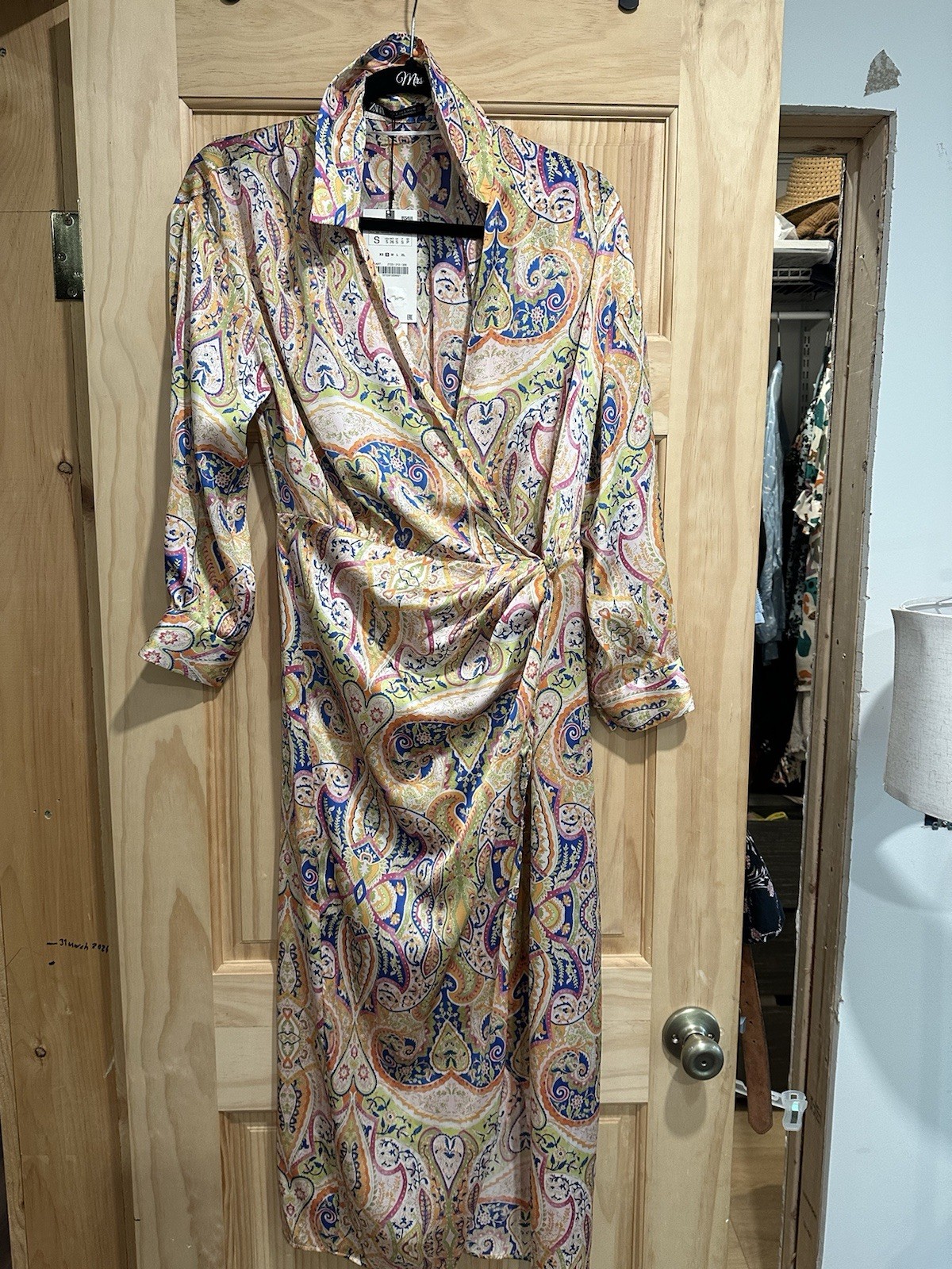 ZARA Paisley Wrap Midi Dress Collared Long Sleeve Multicolor Satin Viscose S