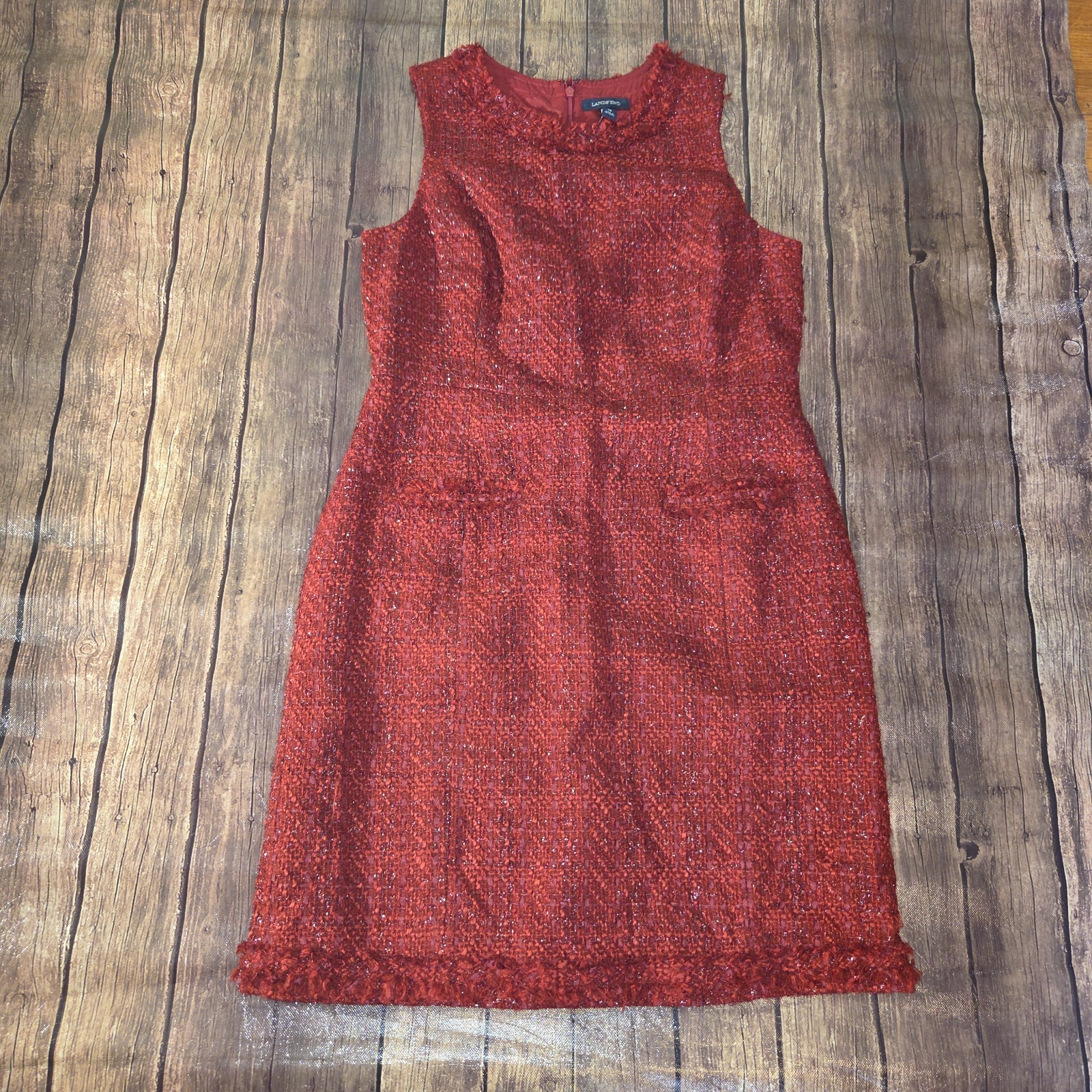 Lands’ End Womens Garnet Tweed Sheath Dress 12 Sleeveless Wool Blend Holiday