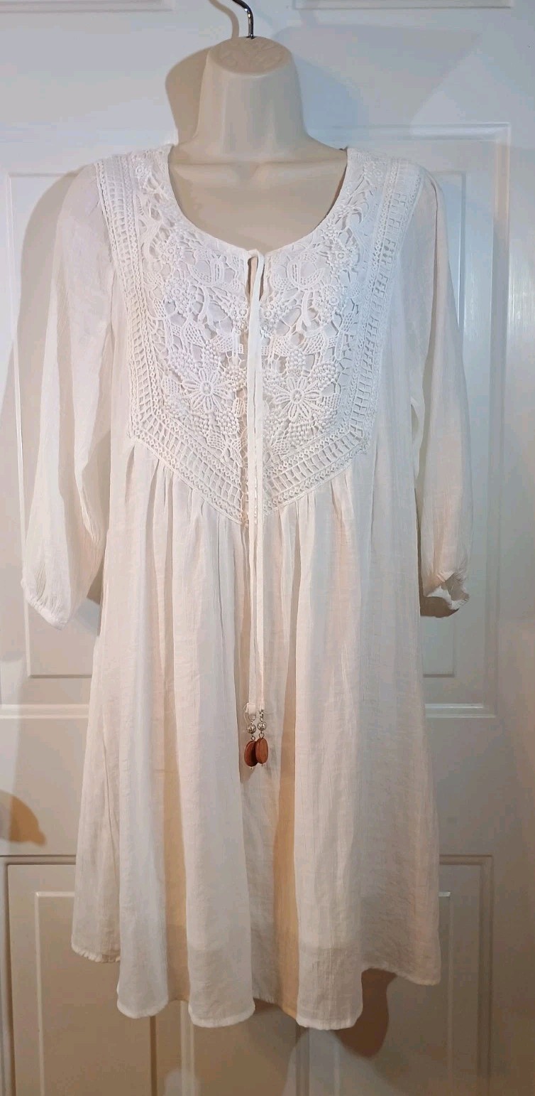 Indigo Rose 3/4 Sleeve Gauze & Lace Knee Length Beaded Tie White Swing Dress M