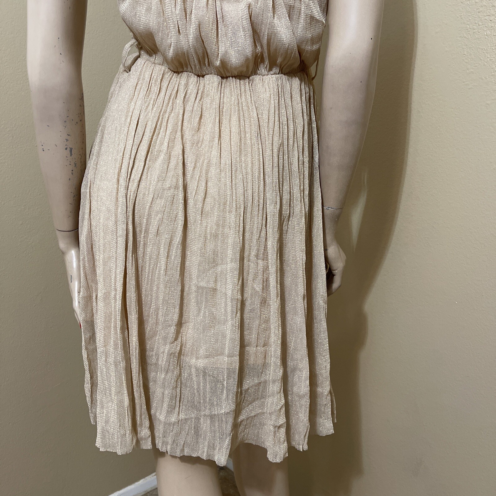 Women’s Beige Polyester Cocktail Layered Pleated Open On Tie Midi Size S Dress