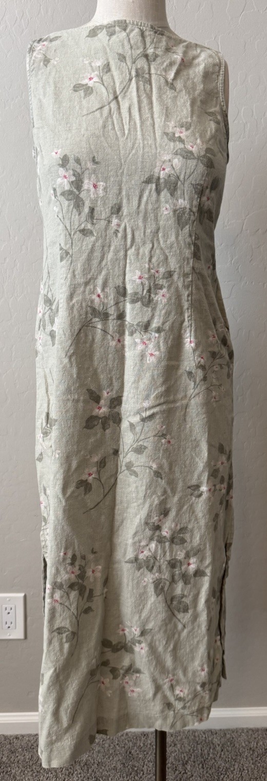 Vtg 80’s Sag Harbor Women’s Linen Blend Shift Dress M Floral Midi Feminine Green