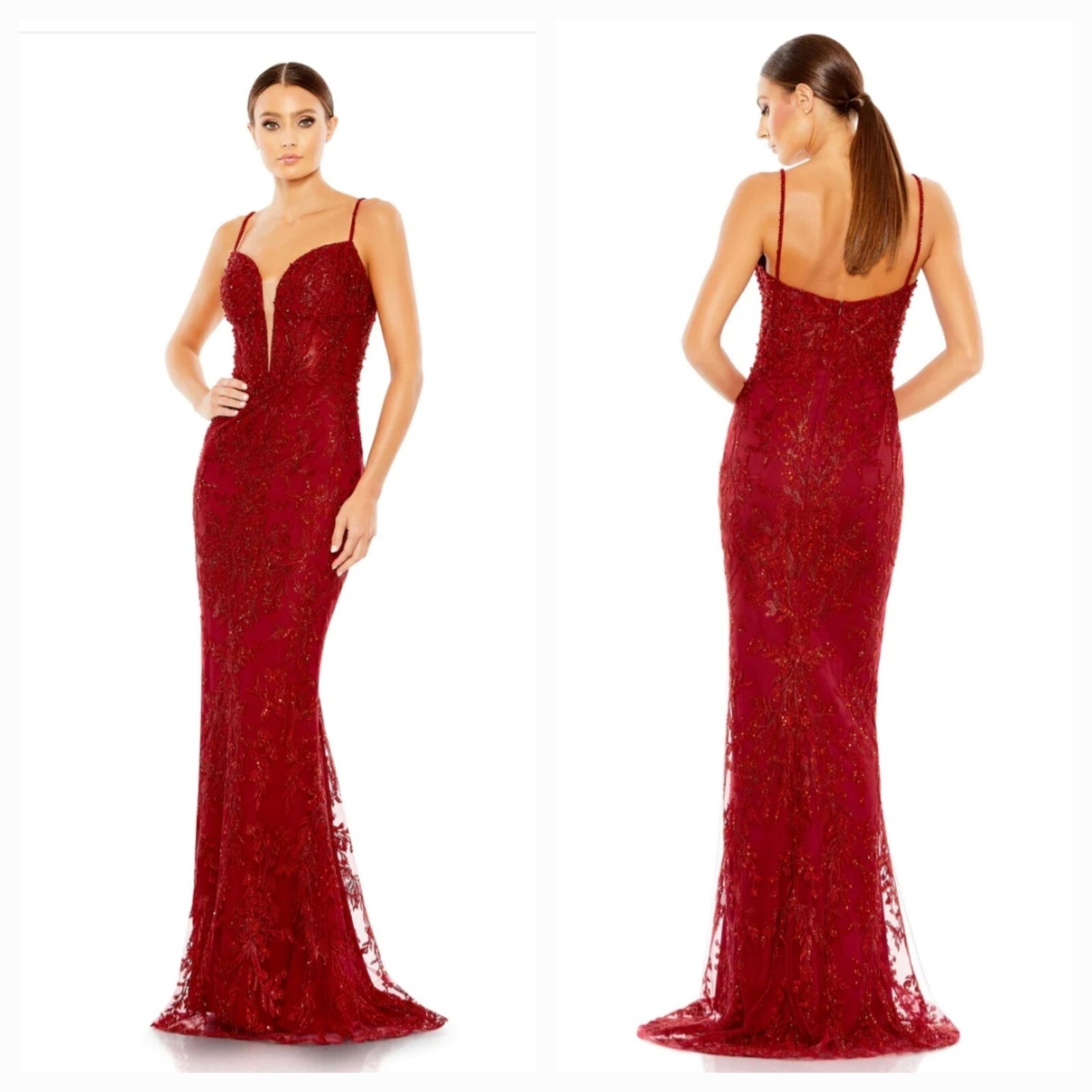 MAC DUGGAL 20330 Red Embellished Plunge Neck Illusion Mermaid Gown (12)–$798