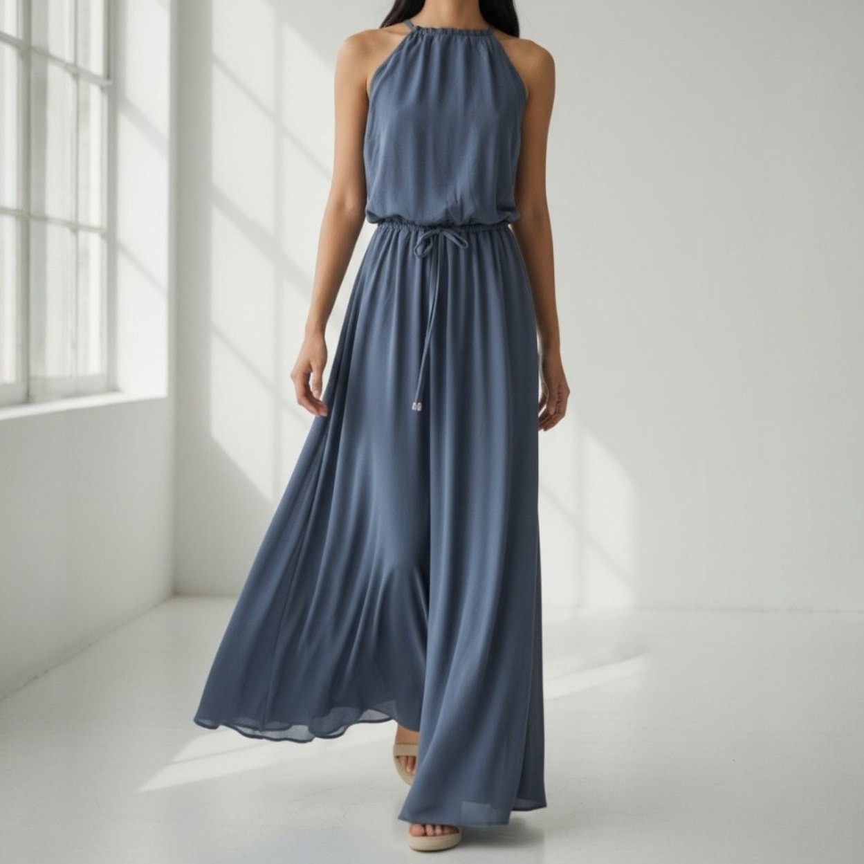 Lulus Blue Halter Neck Keyhole Back Formal Chiffon Maxi Dress Women’s Size L NWT