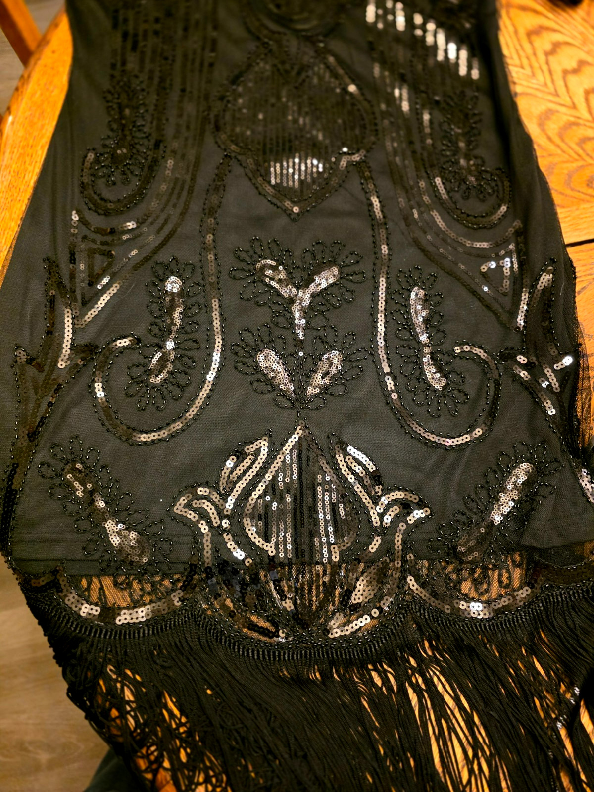 Unique Vintage L 10-12 Black Sequin Beaded Fringe Flapper Dress with Headband