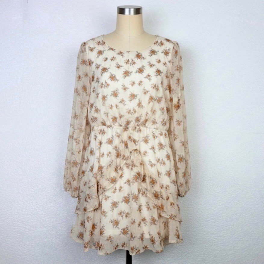 Trixxi Cream Floral Print Long Sleeve Sheer Mesh Mini Dress Size Junior XXL